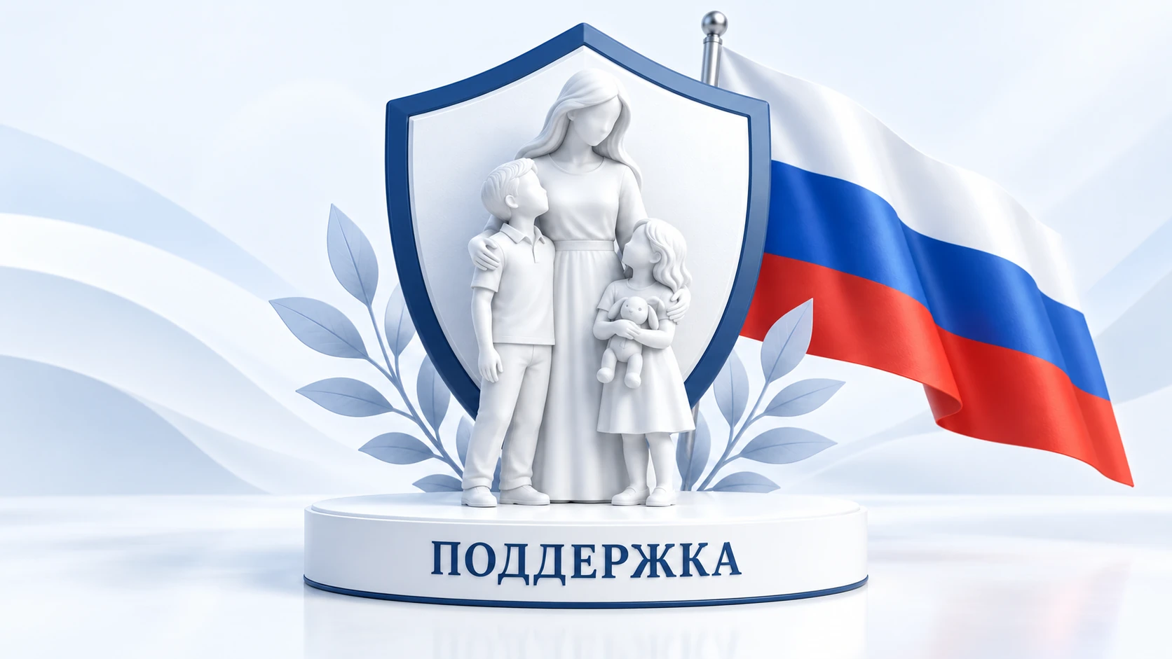 Семья военнослужащего под щитом на фоне флага России